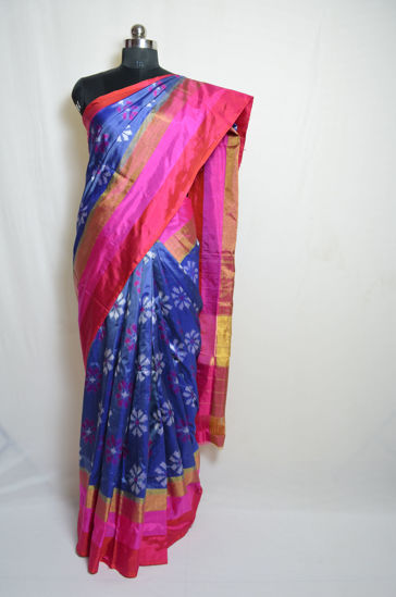 Picture of Denim Blue and Pink Pochampally Ikkat Silk Saree