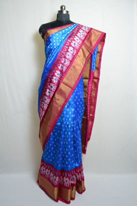 Picture of Peacock Blue and Pink Pochampally Ikkat Silk Saree