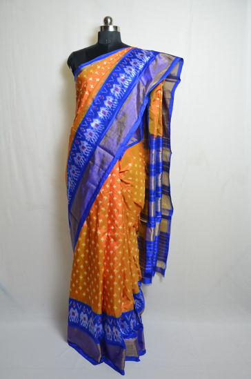 Picture of Orange Copper Mix and Royal Blue Pochampally Ikkat Silk Saree