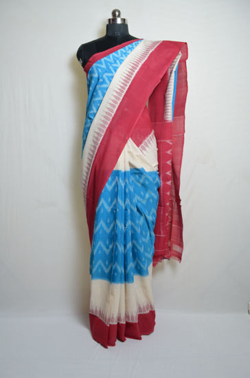 Picture of Sky Blue and Red Pochampally Ikkat Cotton Saree