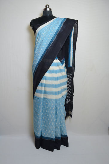 Picture of Sky Blue and Black Pochampally Ikkat Cotton Saree