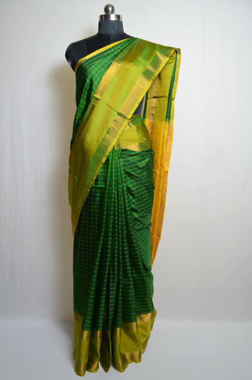 Picture of Dark Green and Yellow Checks Uppada Silk Saree