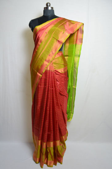 Picture of Red and Parrot Green Checks Uppada Silk Saree
