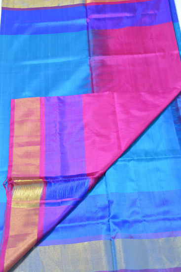Tvis and Bliss. Anand Blue and Pink Double Border Uppada Silk Saree