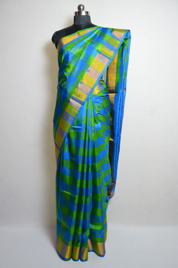 Picture of Anand Blue and Parrot Green Checks Uppada Silk Saree
