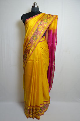 Picture of Yellow and Pink Small Border Pochampally Uppada Silk Saree