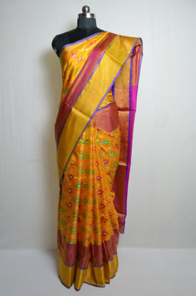 Picture of Mustard Yellow and Pink Pochampally Design Uppada Silk Saree