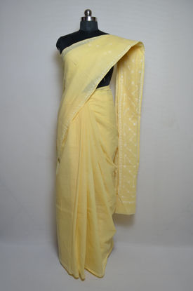 Picture of Lemon Yellow Lucknow Chikankari Embroidered Cotton Saree