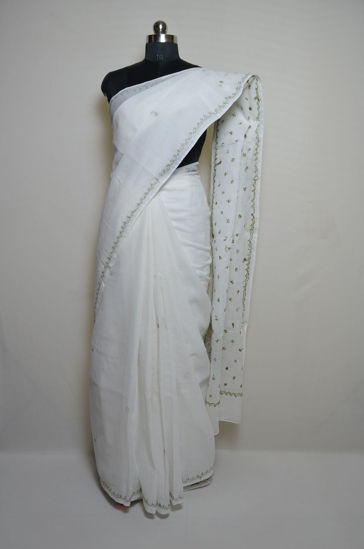 Picture of Ivory White Lucknow Chikankari Embroidered Cotton Saree