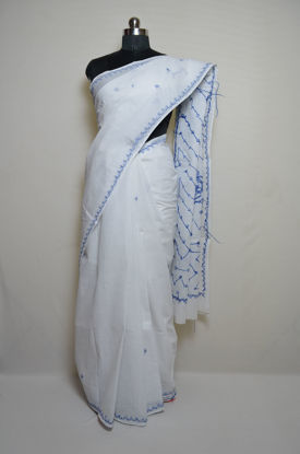 Picture of White Lucknow Chikankari Embroidered Cotton Saree