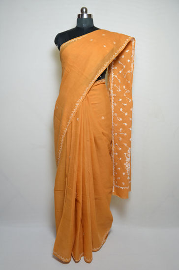 Picture of Tawny Brown Lucknow Chikankari Embroidered Cotton Saree