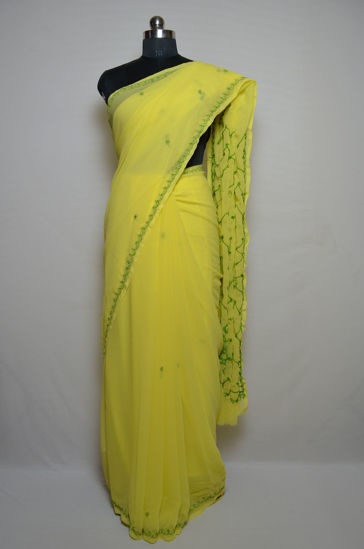 Picture of Lemon Yellow Lucknow Chikankari Embroidered Georgette Saree