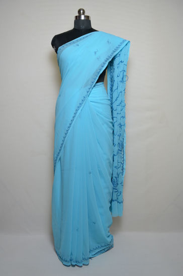 Picture of Deep Sky Blue Lucknow Chikankari Embroidered Georgette Saree