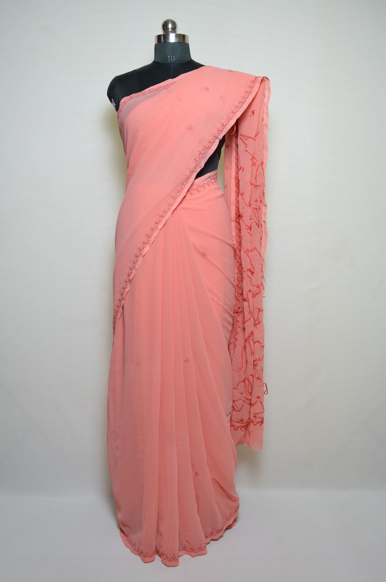 Tvis And Bliss Coral Peach Pink Lucknow Chikankari Embroidered Georgette Saree