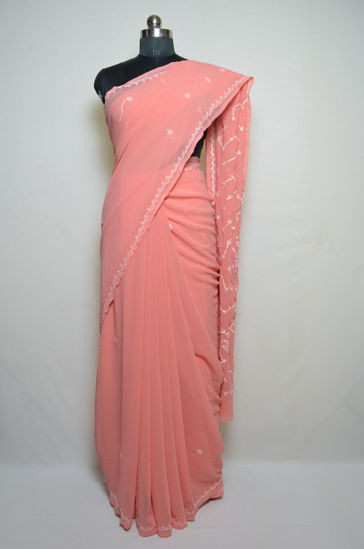 Picture of Light Coral Peach Pink Lucknow Chikankari Embroidered Georgette Saree