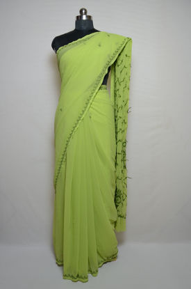 Picture of Olive Green Lucknow Chikankari Embroidered Georgette Saree