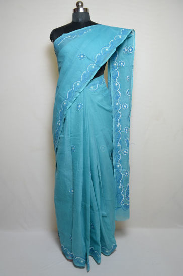 Picture of Ocean Blue Lucknow Chikankari Embroidered Cotton Saree