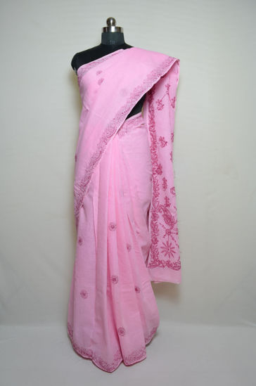 Picture of Light Pink Lucknow Chikankari Embroidered Cotton Saree