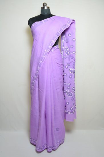 Picture of Lavender Purple Lucknow Chikankari Embroidered Cotton Saree