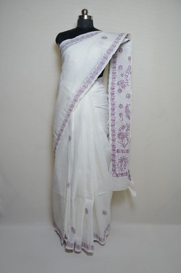 Picture of White Lucknow Chikankari Embroidered Cotton Saree