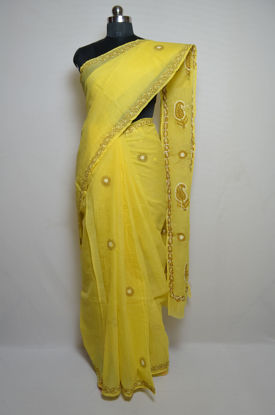 Picture of Yellow Lucknow Chikankari Embroidered Cotton Saree