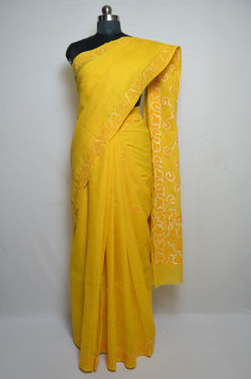 Picture of Mustard Yellow Lucknow Chikankari Embroidered Cotton Saree