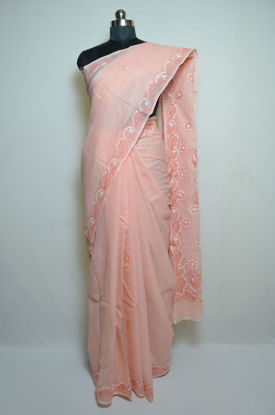 Picture of Peach Pink Lucknow Chikankari Embroidered Cotton Saree