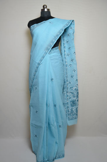 Picture of Sky Blue Lucknow Chikankari Embroidered Cotton Saree