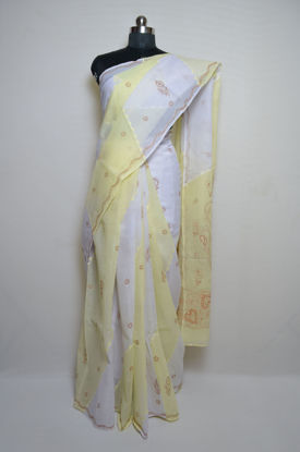 Picture of Lemon Yellow and White Lucknow Chikankari Embroidered Cotton Saree