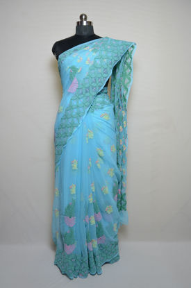 Picture of Sky Blue Heavy Lucknow Chikankari Embroidered Georgette Saree