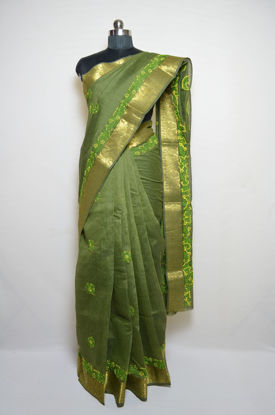 Picture of Dark Green Lucknow Chikankari Embroidered Chanderi Silk Saree