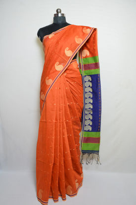 Picture of Orange and Royal Blue Handloom Silk Saree