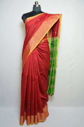 Picture of Red and Parrot Green Jamdani Silk Saree