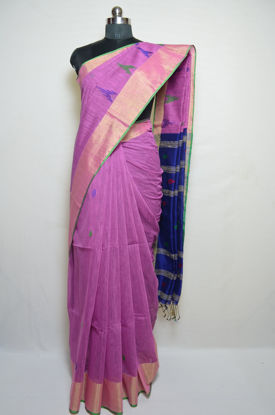 Picture of Onion Pink and Royal Blue Jamdani Silk Saree