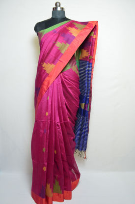 Picture of Pink and Royal Blue Jamdani Silk Saree