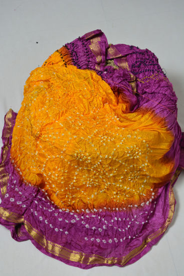 Picture of Yellow and Purple Heavy Bandni Print Silk Saree