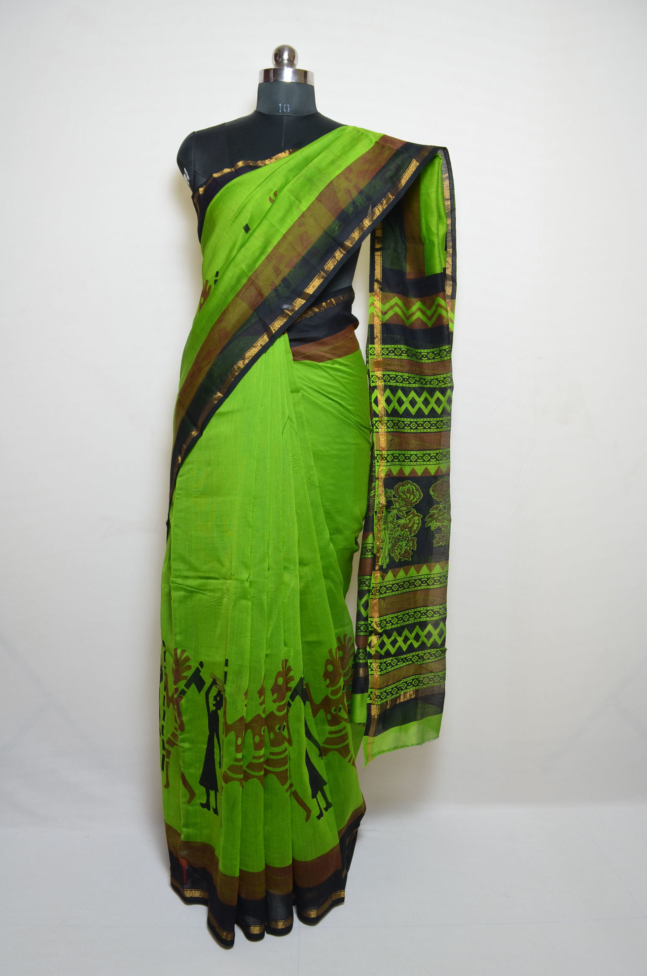 Green Color Viscose Chanderi Kalamkari Print and Zari Weaving Saree