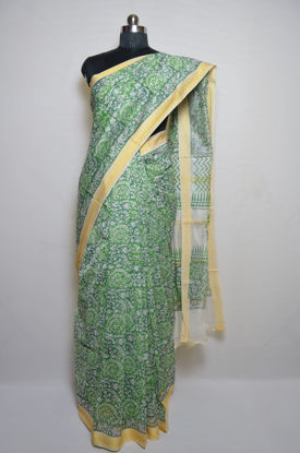 Picture of Green and White Handblock Chanderi Silk Saree