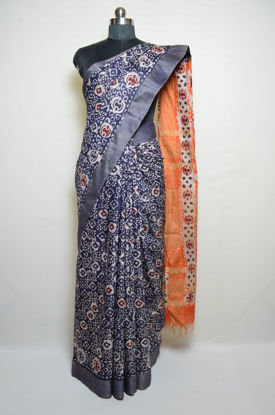 Picture of Prussian Blue and Orange Batik Print Bhagalpuri Silk Saree