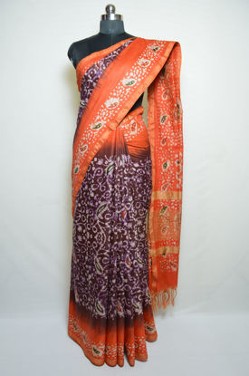 Picture of Dark Purple and Orange Batik Print Bhagalpuri Silk Saree