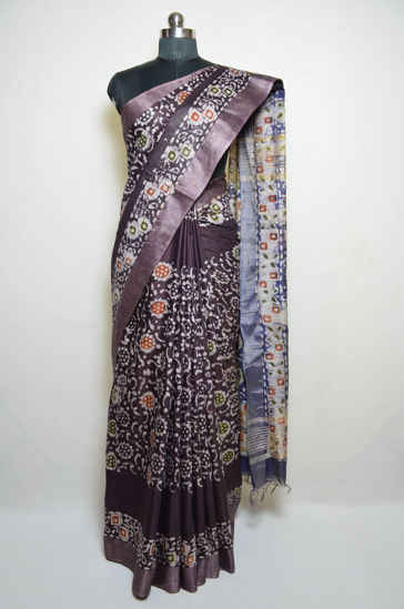 Picture of Dark Purple and Prussian Blue Batik Print Bhagalpuri Silk Saree