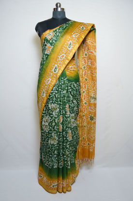 Picture of Green and Mustard Yellow Batik Print Bhagalpuri Silk Saree
