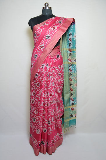 Picture of Pink and Sea Green Batik Print Bhagalpuri Silk Saree