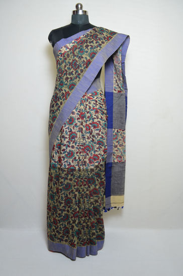 Picture of Red and Blue Floral Design Linen Cotton Saree