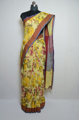 Picture of Lemon Yellow and Maroon Floral Design Linen Cotton Saree