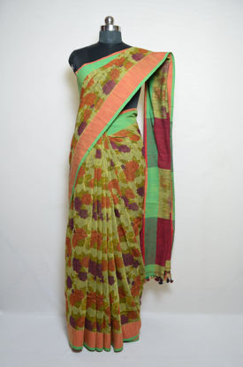 Picture of Green and Maroon Floral Design Linen Cotton Saree