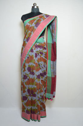 Picture of Grey and Maroon Floral Design Linen Cotton Saree