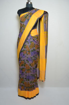 Picture of Dim Gold and Lavender Floral Design Rich Linen Cotton Saree