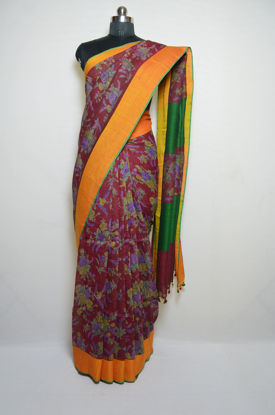 Picture of Lavender and Yellow Floral Design Rich Linen Cotton Saree