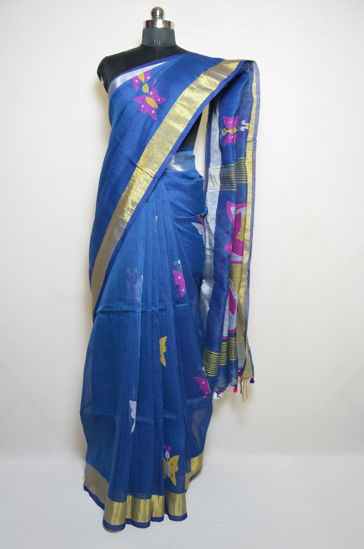 Picture of Prussian Blue Jamdani Work Linen Cotton Saree